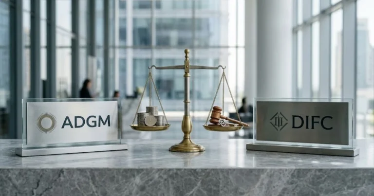 Een vergelijking van ADGM vs DIFC holdingmaatschappij structuren in de VAE, met een weegschaal die juridische kaders en flexibiliteit in evenwicht houdt op een marmeren bureau.