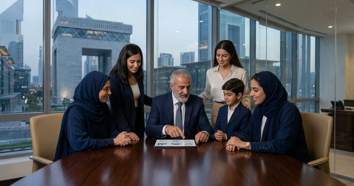 Een vermogende familie overlegt in een luxe DIFC-kantoor over het oprichten van een family office in Dubai voor generatie-overdracht.