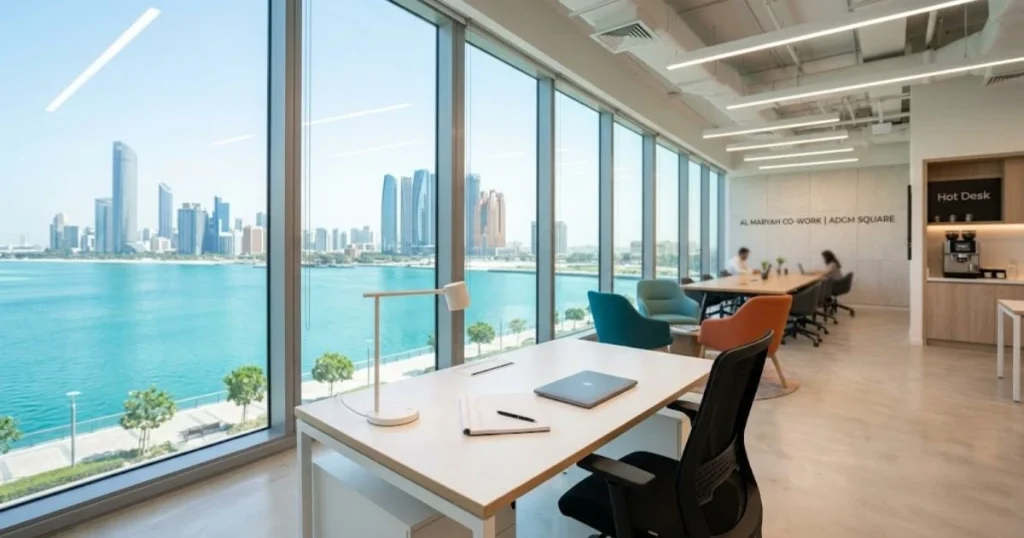 Efficient Flexi-desk setup in an Abu Dhabi ADGM free zone office representing flexible structural requirements.