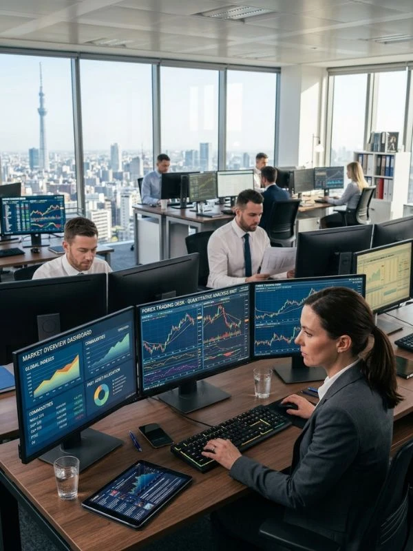 Finanzanalysten überwachen globale Märkte für institutionelle Investitionen