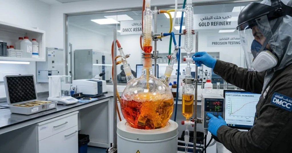 Geavanceerde chemische goudzuivering met aqua regia in een gecertificeerde DMCC raffinaderij in Dubai.