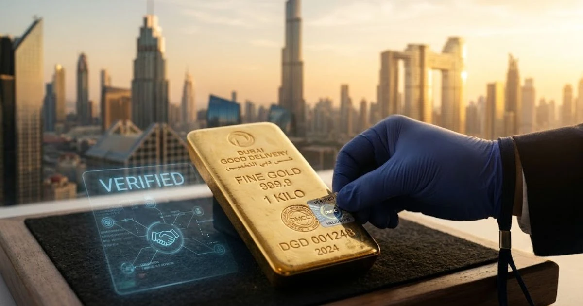Geverifieerde goud toeleveringsketen Dubai heldenafbeelding een goudstaaf wordt voorzien van een echtheidskenmerk door een auditor met de skyline van Dubai op de achtergrond.