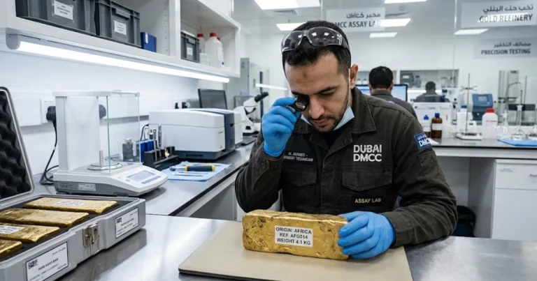 Inspectie van ruw goud dore bar door een technicus in een DMCC goudraffinaderij in Dubai.