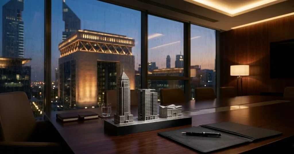 Luxury DIFC board room overlooking Dubai Gate representing consolidated family office asset management in the UAE.