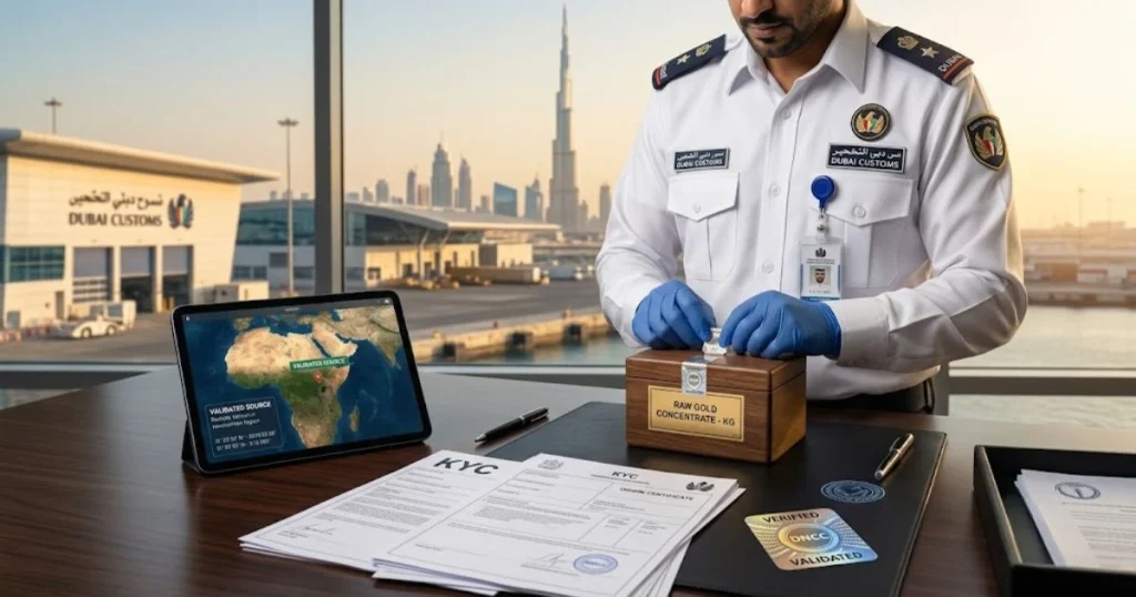 Officiële documenten en KYC-checkpoints bij de douane van Dubai, illustratief voor het verificatieproces van conflictvrij goud.