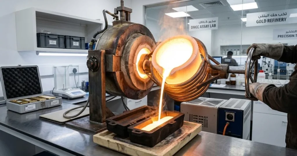 Smeltkroes giet gesmolten 999.9 fijn goud in een mal binnen een geaccrediteerde DMCC raffinaderij.