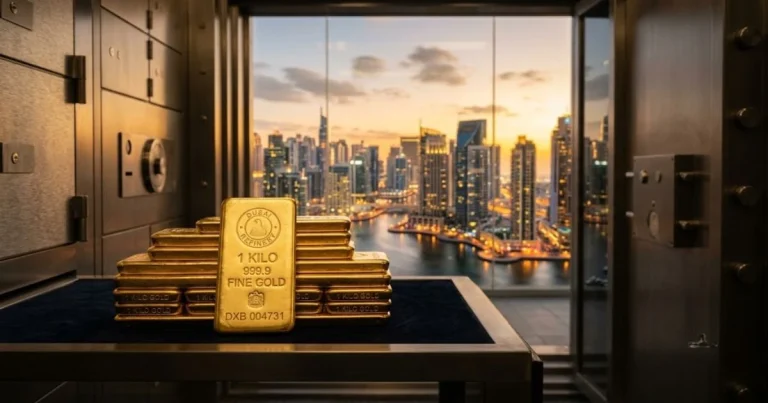 Stacked certified 1 kg gold bars in a Dubai vault overlooking the JLT skyline, representing the DMCC gold refinery list.