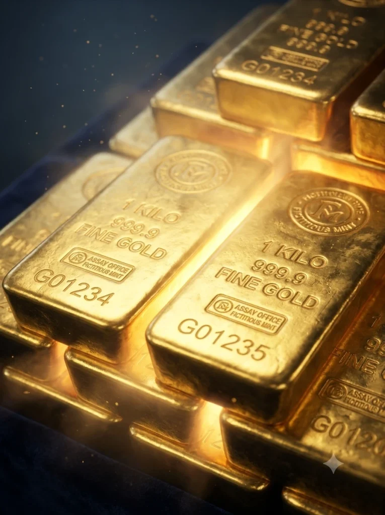 Stacked physical fine gold bars marked "1 KILO 999.9" representing secure investment and wealth.