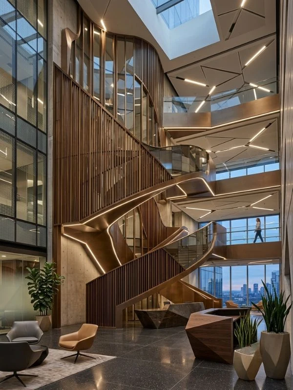 Upscale modern office building atrium with a multi-story sculptural spiral staircase, integrated lighting, and views of a city skyline.