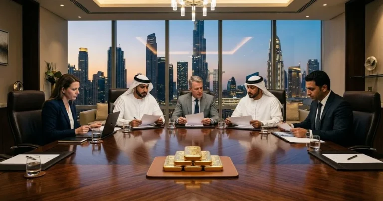 VAE economic substance goud Bestuursvergadering in Dubai met skyline uitzicht en gouden baren op tafel.