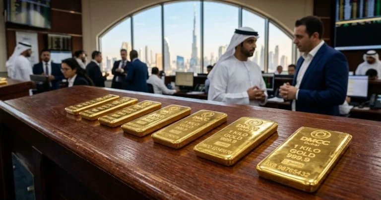 Verified gold supply chain Dubai Stamped gold kilobars on a commercial trade desk with the Dubai skyline in the background.