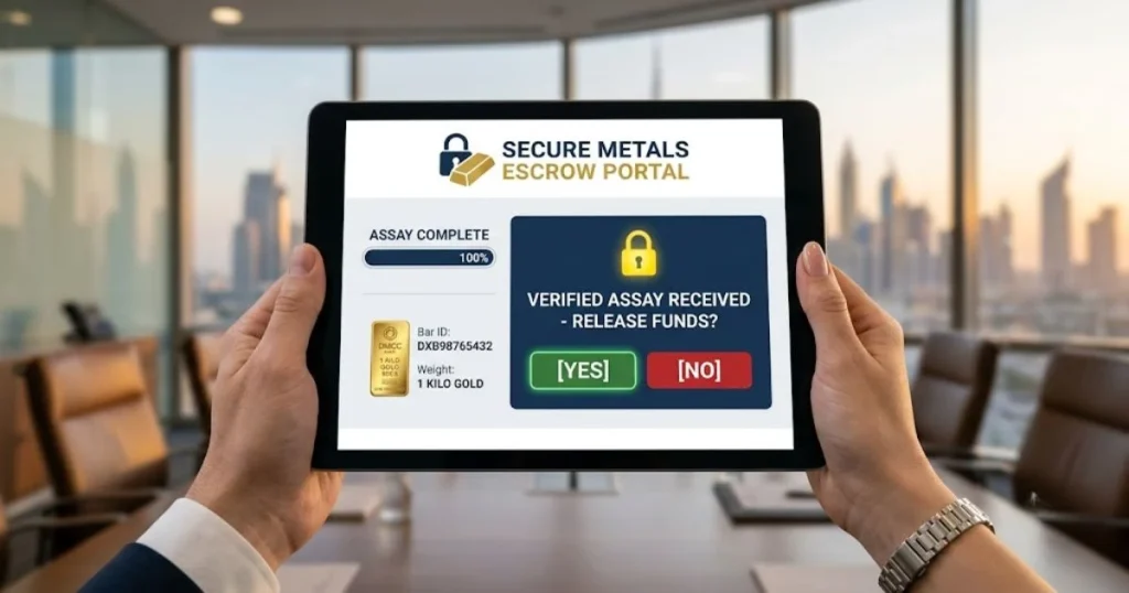 Verified gold supply chain Dubai transaction interface on a tablet showing secure escrow funds release after independent assay verification.