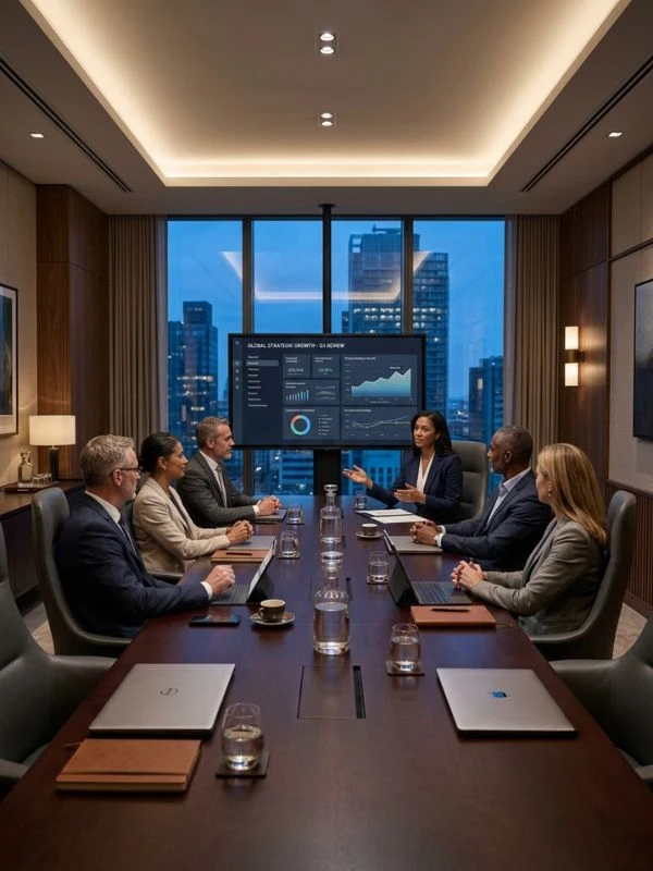 Vorstandssitzung eines Family Offices zur strategischen Vermögensstrukturierung in Dubai