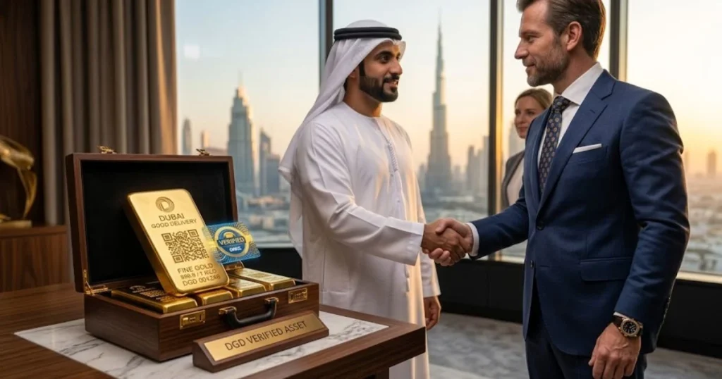 en zakelijke handdruk tussen een investeerder en een goudhandelaar in een kantoor in Dubai, symbool voor een veilige transactie via de geverifieerde goud toeleveringsketen Dubai.