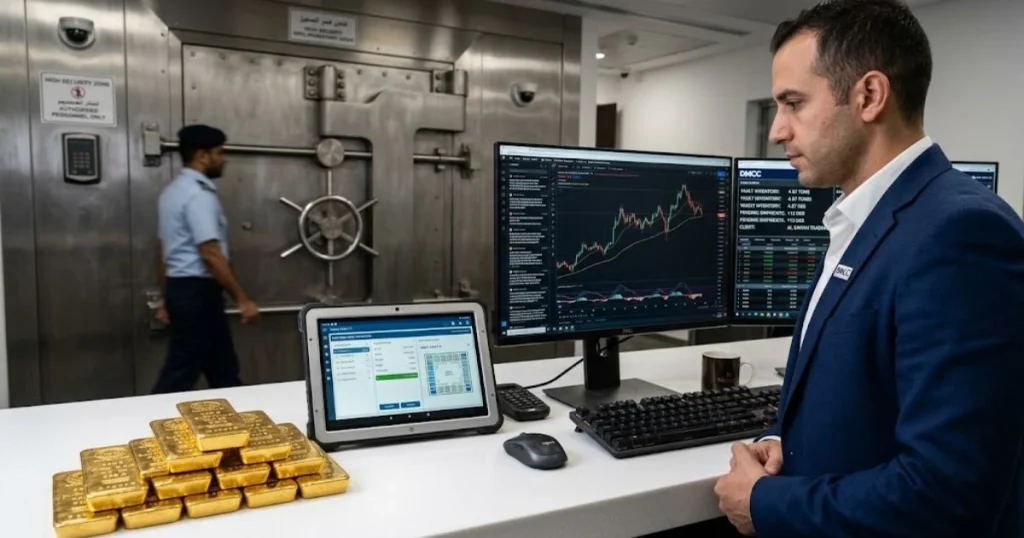 A professional gold trader managing physical gold inventory and digital trades in a secure UAE facility satisfying CIGA requirements.