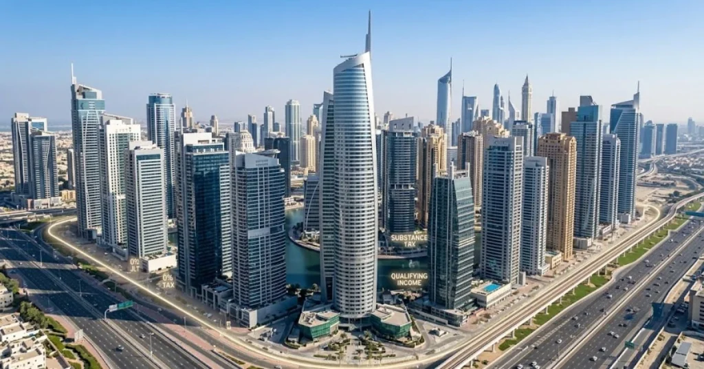 Aerial view of DMCC Dubai Multi Commodities Centre free zone symbolizing a compliant 0% corporate tax environment for gold businesses.