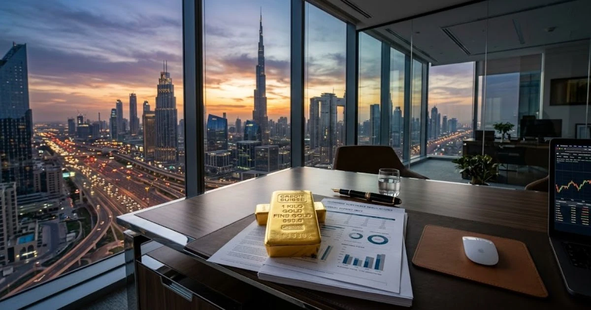 UAE Economic Substance Gold compliance concept showing a gold bar on corporate tax documents with the Dubai skyline background.